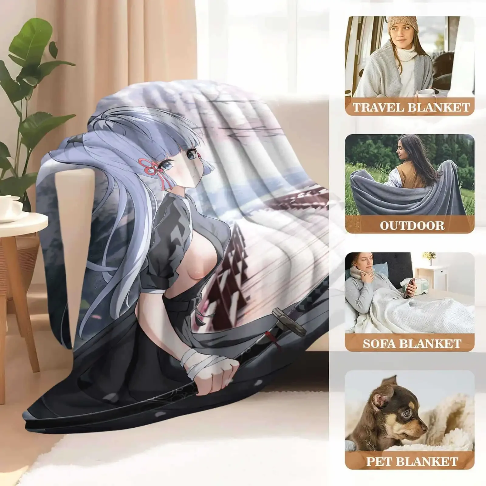 Game Genshin Impact Kamisato Ayaka Flannel Nap Blanket Warmth Soft Air Conditioning Otaku Blanket Multifunctional Decor Blankets