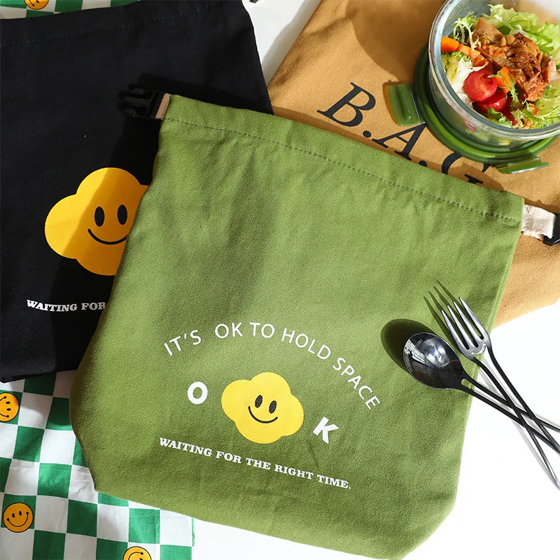 Korean Insulated Larger Capacity Canvas Lunch Box Handbag Foldable Waterproof Bento Box Bag for Work School Cooler Tote Bag