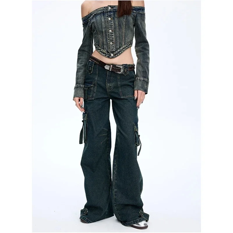 Women\'s Blue Cargo Jeans Vintage Y2k 90s Aesthetic Baggy Denim Trousers 2000s Harajuku Oversize Cowboy Pants Trashy Clothes 2024