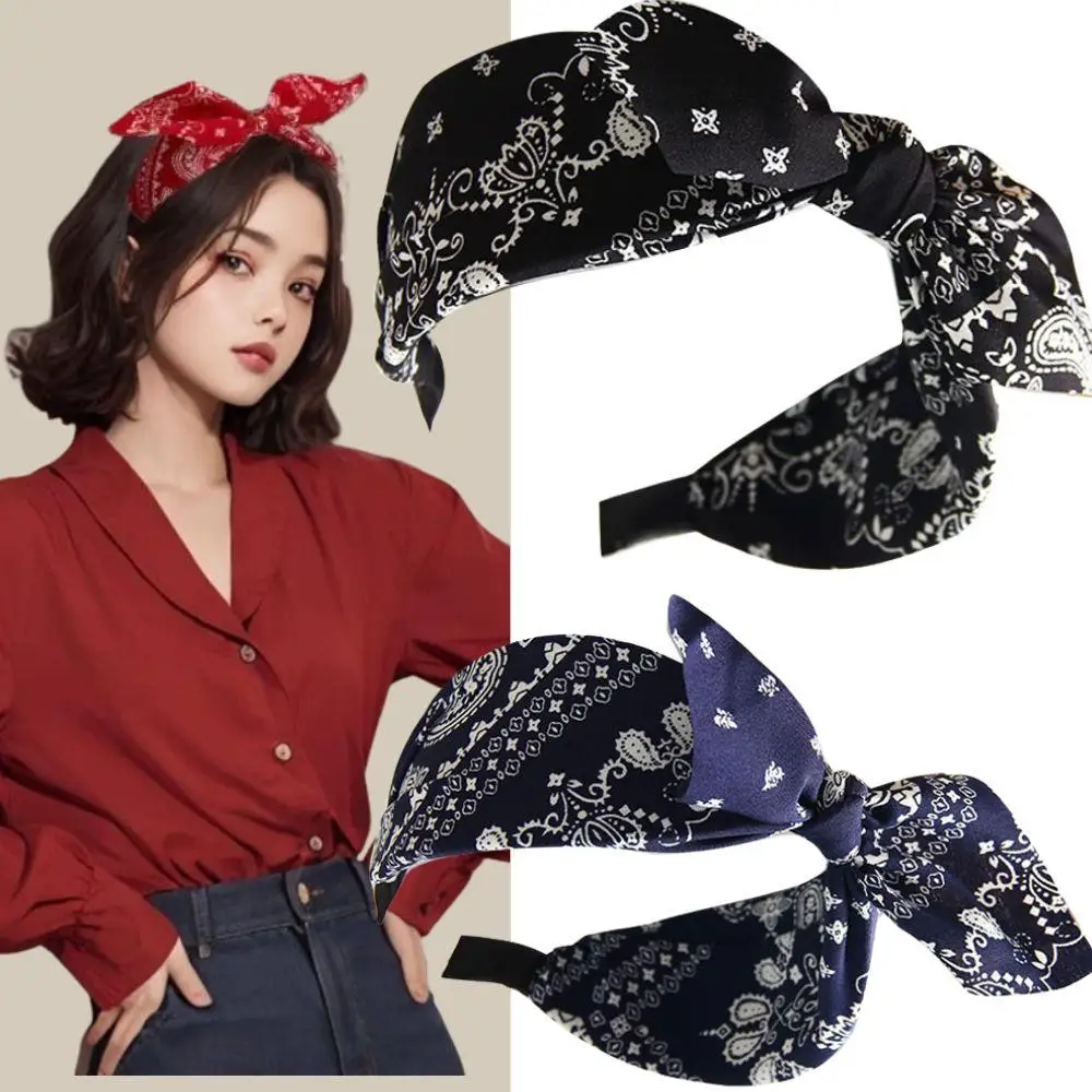 

1 шт., осенне-зимний стиль, широкая повязка на голову с цветком кешью и кроличьими ушками для женщин, универсальная повязка на голову в стиле ретро, обруч с бантом на голову, головной убор