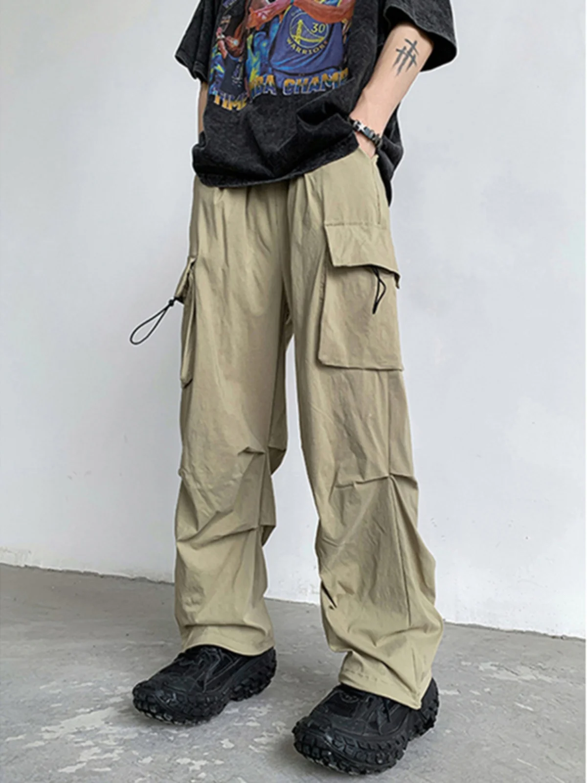 

American Retro Men's Work Pants Summer Thin Qui Dry Light Brown Straight Loose Casual Long Trousers Cotton Nylon Spandex