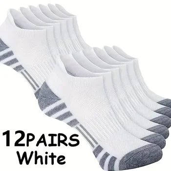 12Pairs Men Black White Grey Towel Bottom Sweat Absorbent Anti Odor Breathable Non Slip Ear Loop Short Socks For Running Sport 5