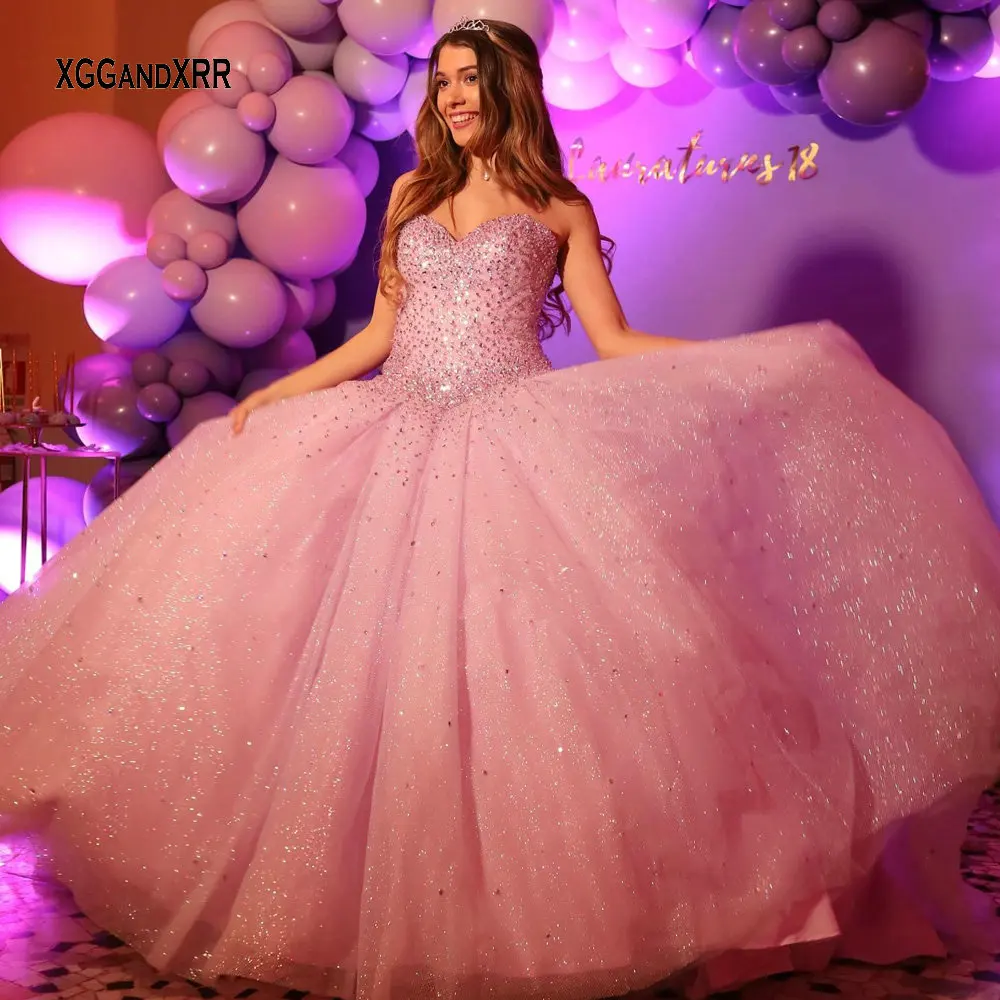 Vestidos de quinceañrea rosa de lujo, escote Corazón, Espalda descubierta, cuentas, lentejuelas, falda brillante, Vestido largo de fiesta, dulce 15 16 cumpleaños, 2024