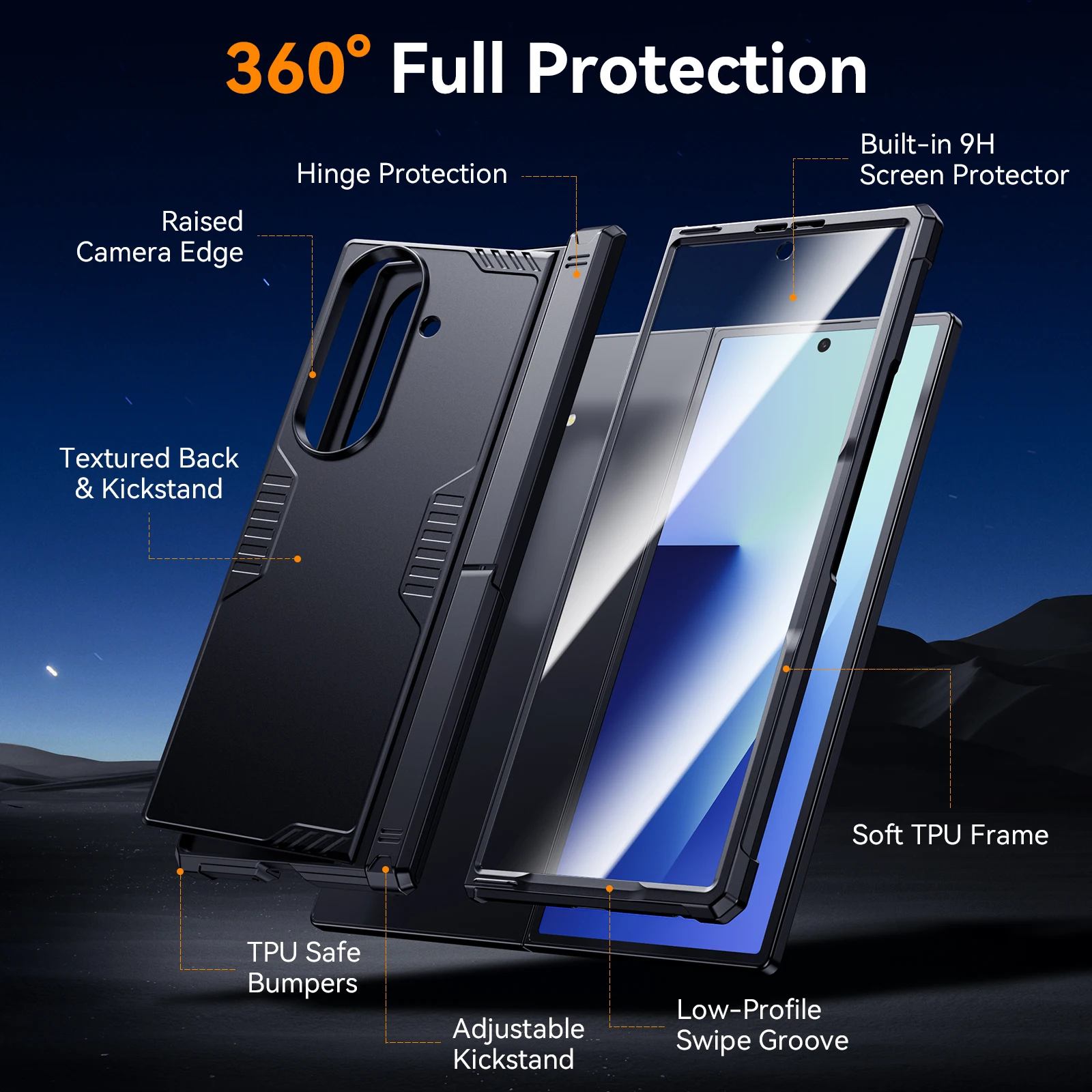 Schokbestendig robuust pantserhoesje voor Samsung Galaxy Z Fold 7, scharnierbescherming, slanke hoes, verborgen standaard, ingebouwde schermbeschermer