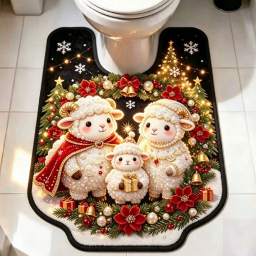 2D Flat Christmas Sheep Toilet Mat Anti Slip Quick Drying U-shaped Floor Mat Water Absorbing Christmas Tree