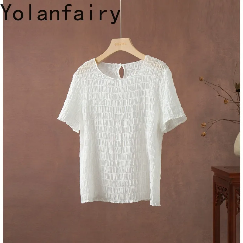 YOLANFAIRY Pleated Textured 98% Real Mulberry Silk T Shirts for Women Short Sleeve Fashion Tee Shirt Femme Summer Top  рубашка
