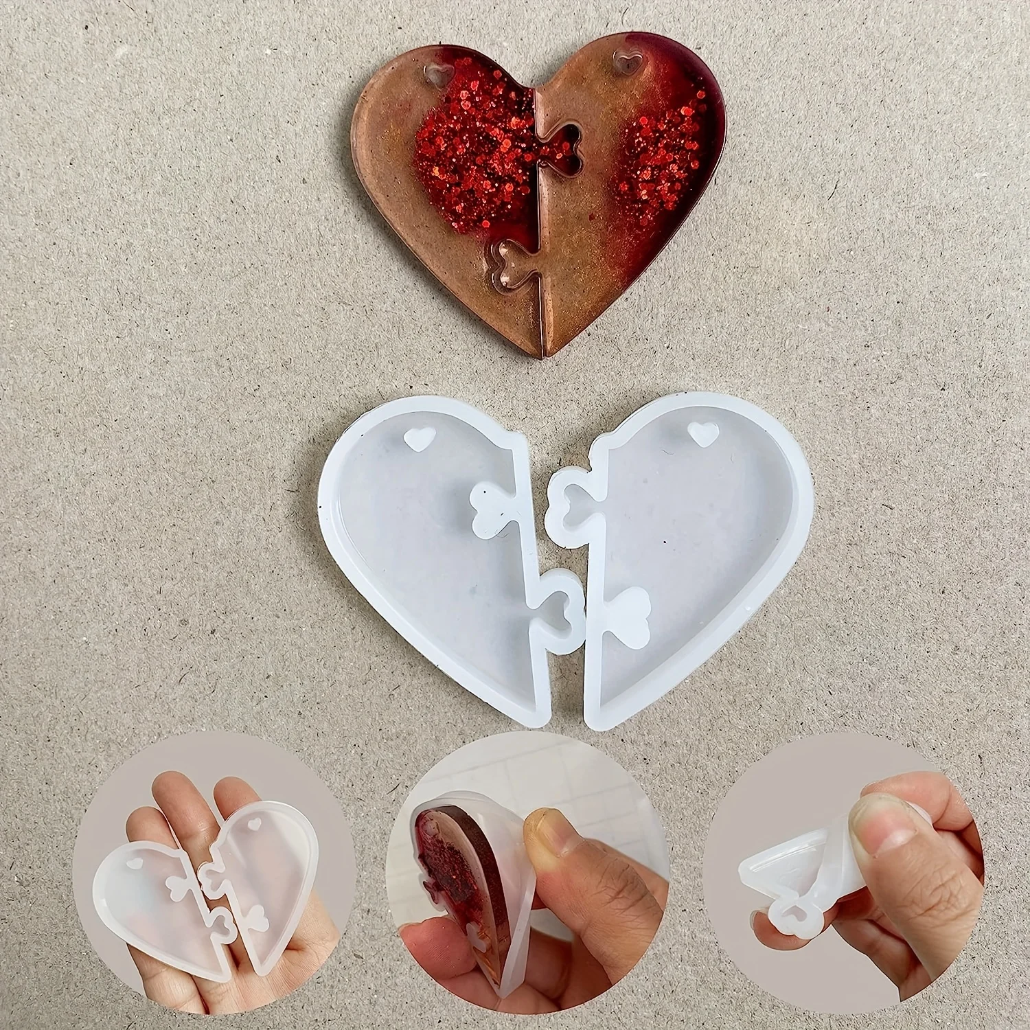 2pcs  Heart Puzzle Key Chain Silicone Mold, Couple Pendant Heart Lover Puzzle Resin Casting Mold With Hole, Diy Jewelry Making
