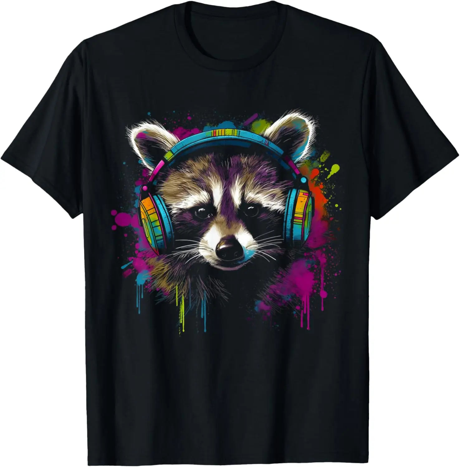 

Raccoon Listening To Music Headphones Colorful Splatter Art Graphic Tee Trip