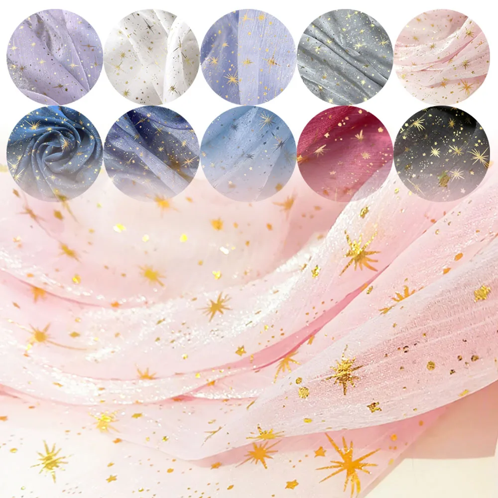 150x50cm Glitter Golden Gilded Wrinkle Sheer Crepe Star Moon Fabric DIY For Dress Wedding Decor Black White Blue Pink Organza