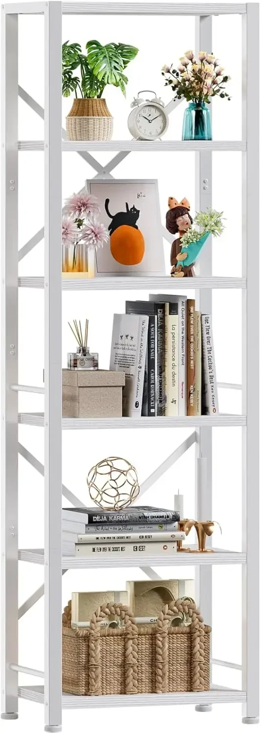 

White Tall Bookshelf, Narrow Bookcase with 6 Shelves, Modern Freestanding Shelf Units, Metal and Wood Display Storage Corner