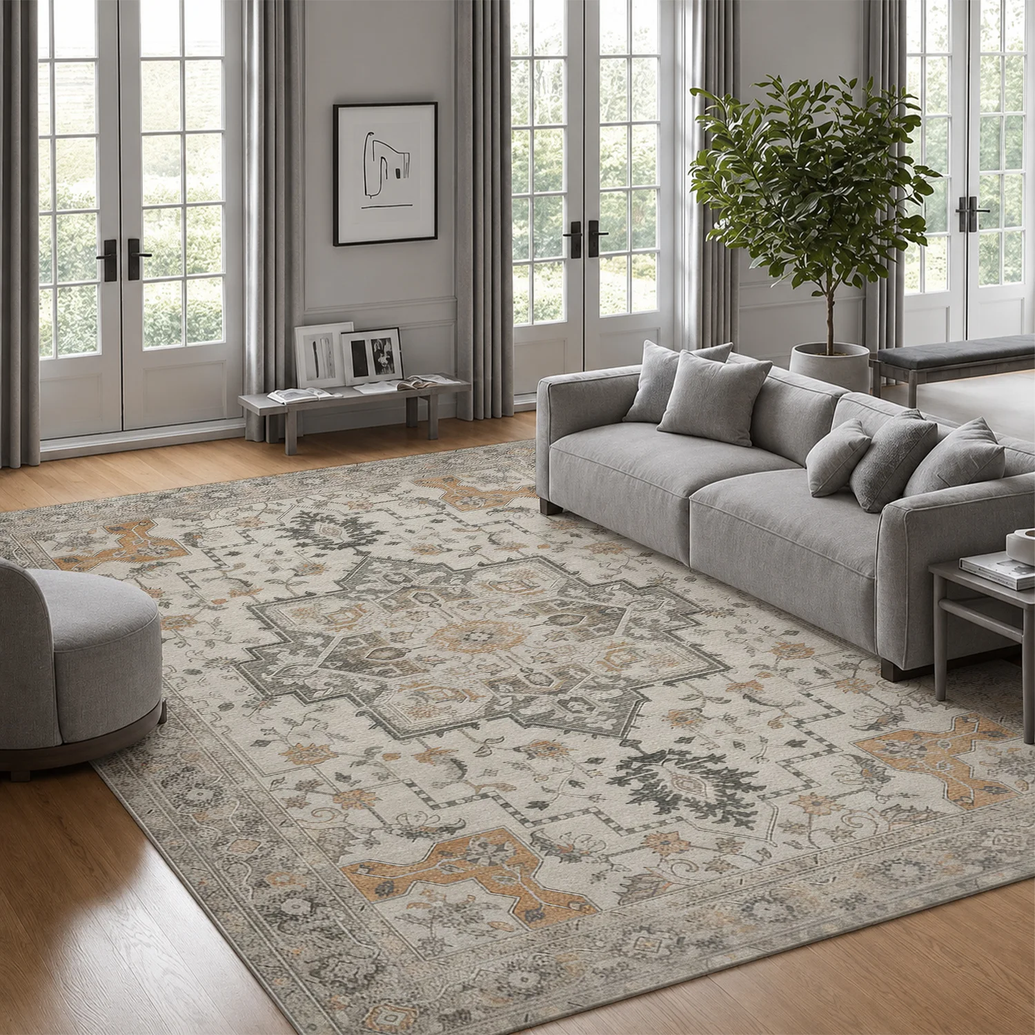 Large Indoor Area Rug, Soft Velvet Low Pile Non-Slip Dotted Backing Machine Washable Vintage Medallion Oriental Floor Rug for Living Room and Bedroom, Neutral Grey Beige Distressed Carpet