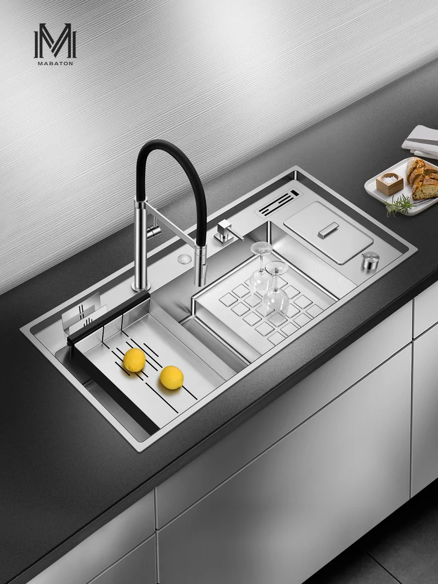 Asras10048j large kitchen step sink with faucet, knife rest and drain plate, thickened 304 stainless steel long  set