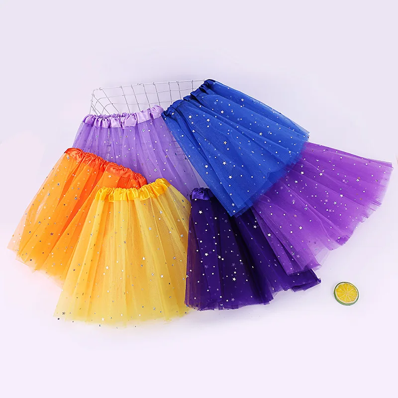 2-8T Children's Fluffy Short Skirt New Candy Color Tutu Skirts Star Glitter Mesh Skirts Daily Casual Skirt Performance Costume