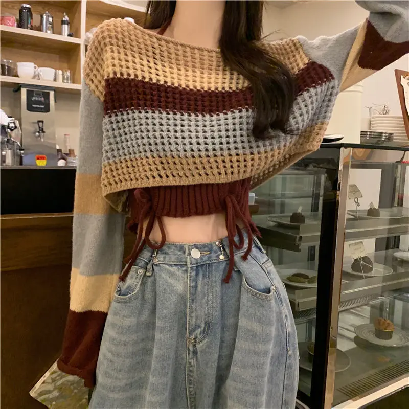 Hollow Out Fashion Women Sweaters 2024 Autumn 2 Pcs Pullovers Knitwears Long Sleeve Clothes Knit Top Ladies Striped Sweater New