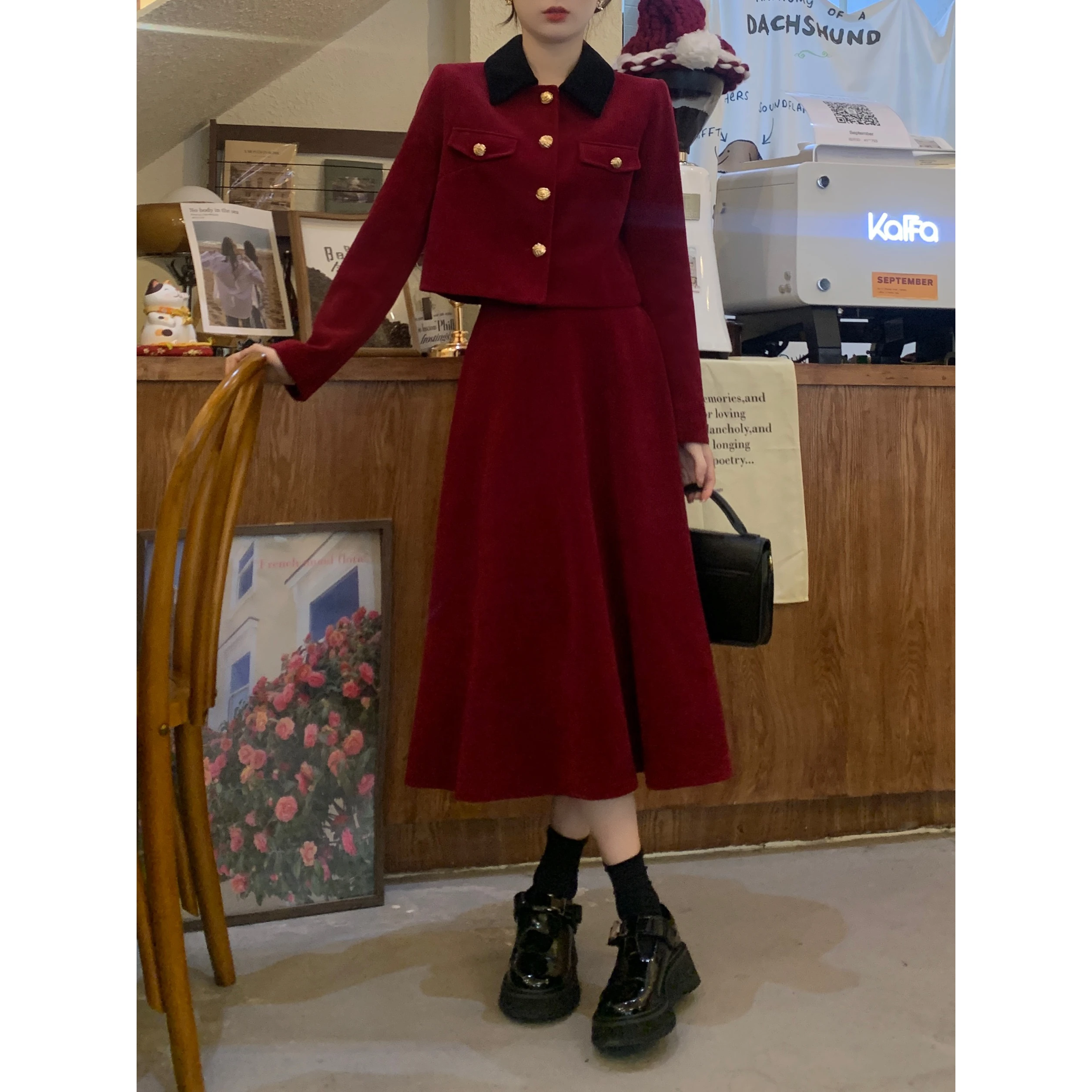 Thickened Bebe Velvet Small Fragrance Style Set Women's Spring Autumn Plump Red Dress Two Piece Set Age Reduction Pear Body S...