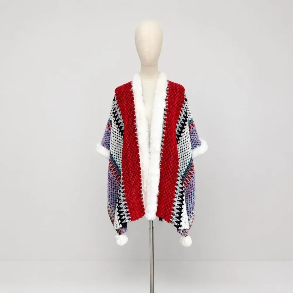 Open Front Knitted Shawl Wrap Pom-pom Tassel Loose Fit Ethnic Poncho Cape Thick Warm Trim Geometric Knit Shawl Outdoor Wrap