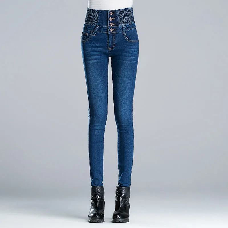 Calça jeans skinny de cintura alta super feminina, jeans stretch, leggings lápis, tamanho grande, fly de botão, streetwear, nova