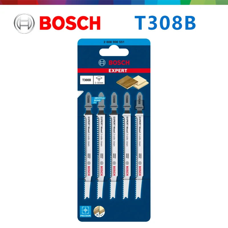 Original Bosch T308B Jigsaw Blade, Clean Cut for Wood, High Carbon Steel T-Shank Reciprocating Saw Blade for Soft Wood