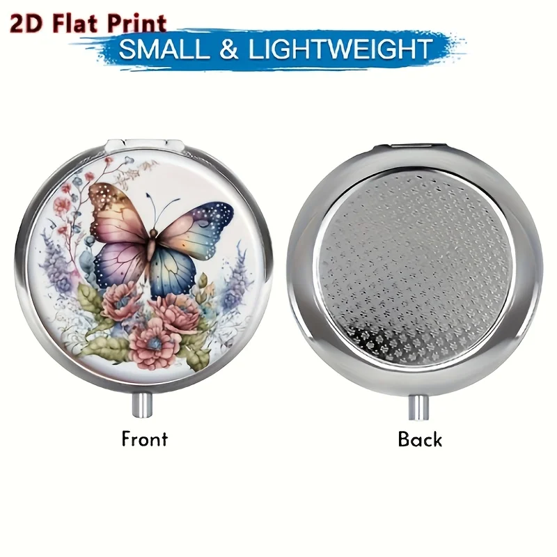 Portable Medicine and Vitamin Storage Box, Flat Design - with 3 Compartments, Printed with a Colorful Butterfly Pattern, Perfect for Placing in a Purse or Bag - Artistically Decorated, Also Suitable as a Gift for Small Items
