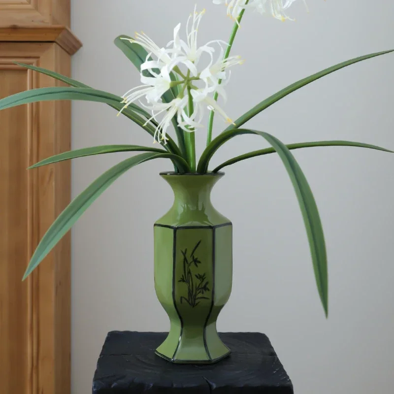 1pc Chinese Ceramic Green Vase Decoration Tea Room Decoration Living Room Flower Planter Temple Desktop Ceramic Ornaments
