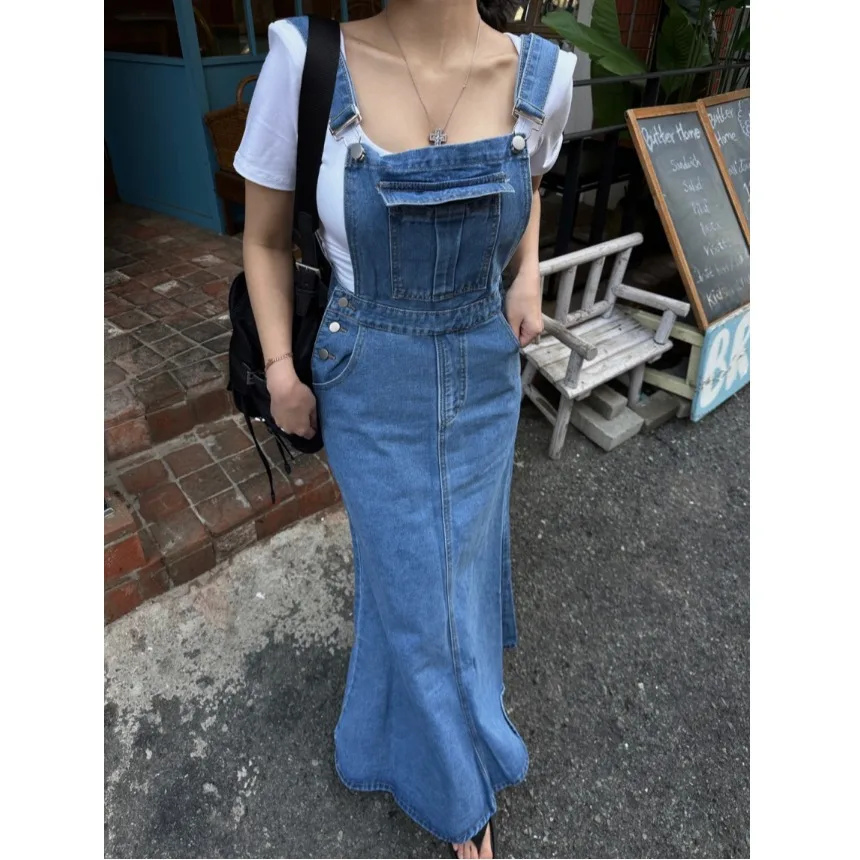 

Dark Denim Patchwork Halter Neck Dress Korean Style Commute Cotton High Waist A-Line Skirt with Pockets Casual Mid-Length Dress