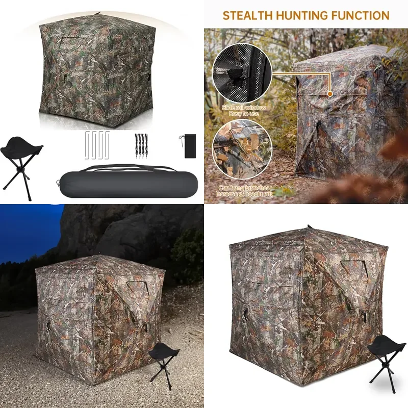 270 Degree See Through Pop Up Hunting Blind for 2-3 Person Outdoor Ground Blind with Small Stool and Carry Bag Durable Tent
