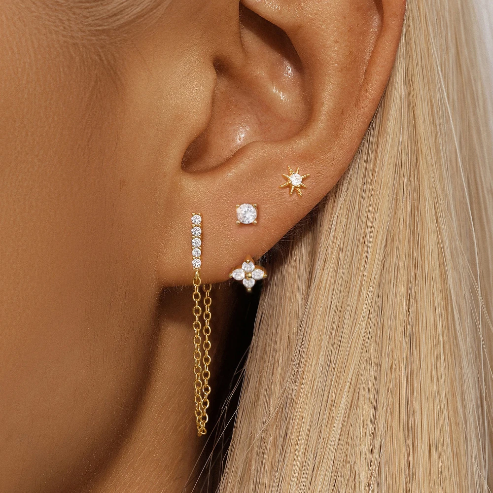 3PCS Luxus Anhänger Piercing Tropfen Ohrring Set Für Frauen Edelstahl Zirkon Punk Ohr Bolzen Ohrring Dame Schmuck Aretes