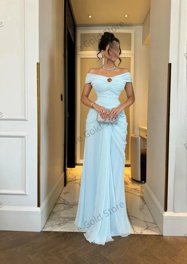 Vestidos de Noche de sirena azul claro para mujer, Vestido de Noche sin mangas de gasa con hombros descubiertos, vestidos de graduación plisados personalizados