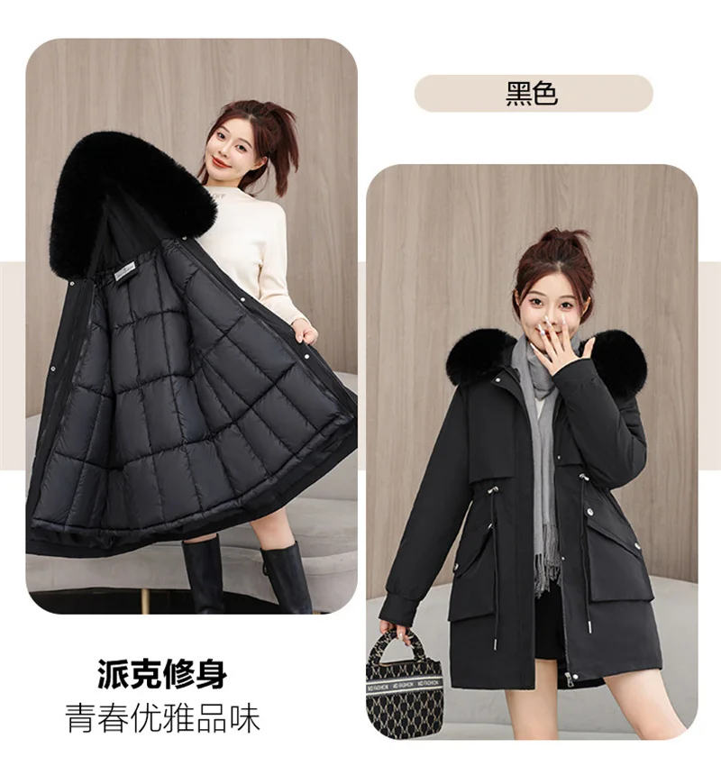 2026 New Winter Coat Down Padded Jacket Women Parkas Fur Collar Thick Hooded Cotton Coats Black Casual Outerwear Female Clothes