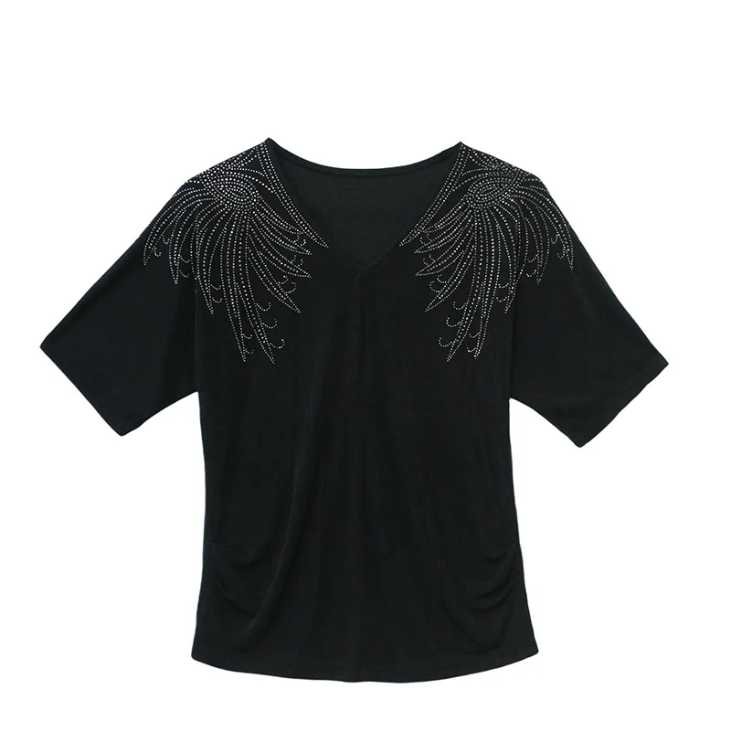 Noir, nouveau, été, coréen, Style, T-Shirt, Chic, Sexy, col en v, Patchwork, brillant, diamants, femmes, hauts, manches courtes, tous assortis, t-shirts, 563003