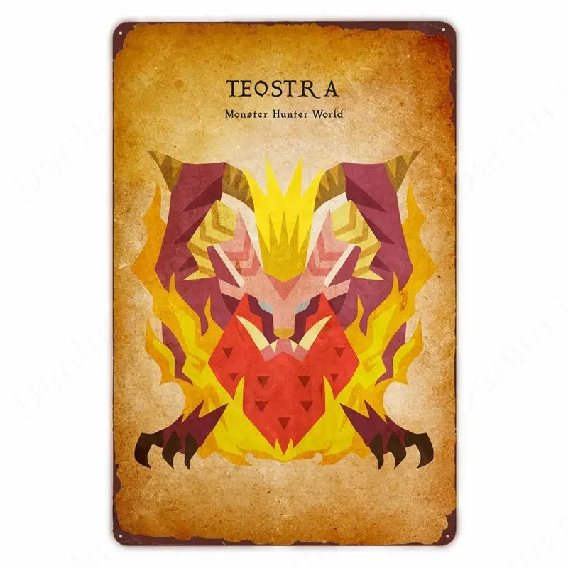 Monster Hunter World Retro Plaque Teostra Metal Tin Sign Anjanath Rajang Wall Art Poster Kid's Room Club Vintage Home Decor Gift