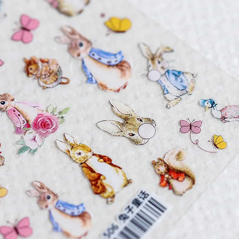 1 Sheet 5D Realistic Lovely Cartoon Bunny Rabbit Fairy Tale Butterfly Bear Adhesive Nail Art Stickers Decals Manicure Charms