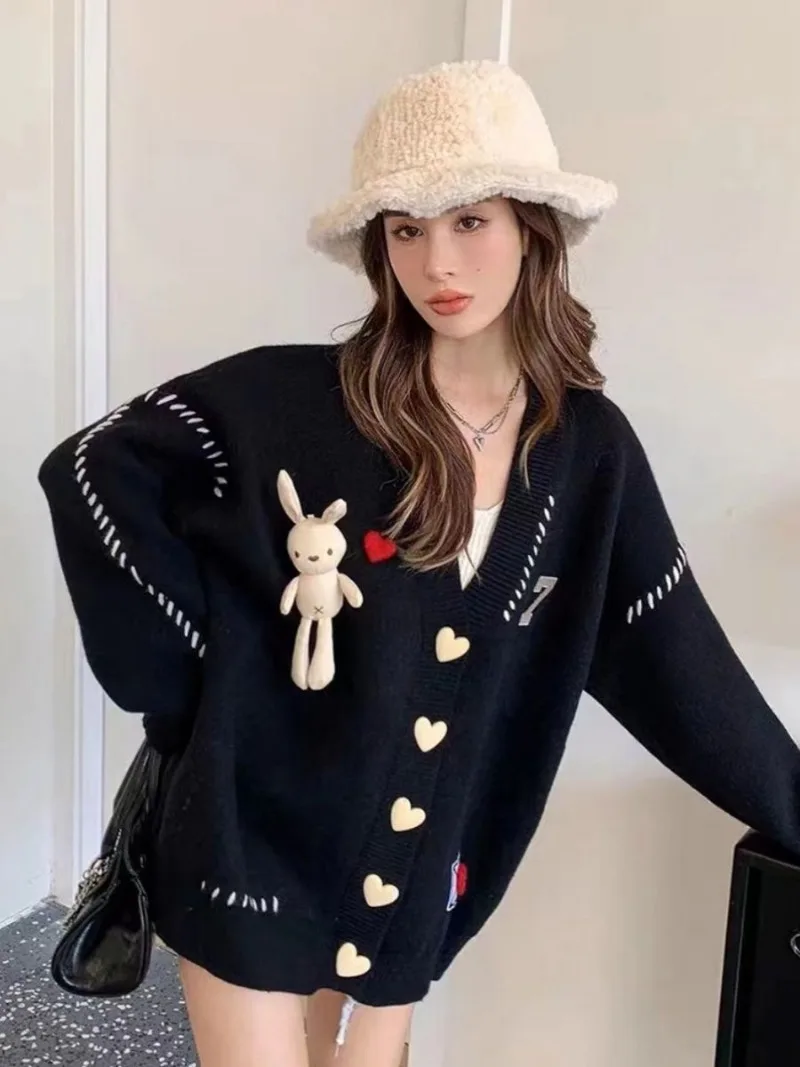 Black Love Rabbit Knitted Cardigan Coat Women 2023 Autumn/Winter Bright Line Long Sleeve Loose Layer Sweater Cardigan Women