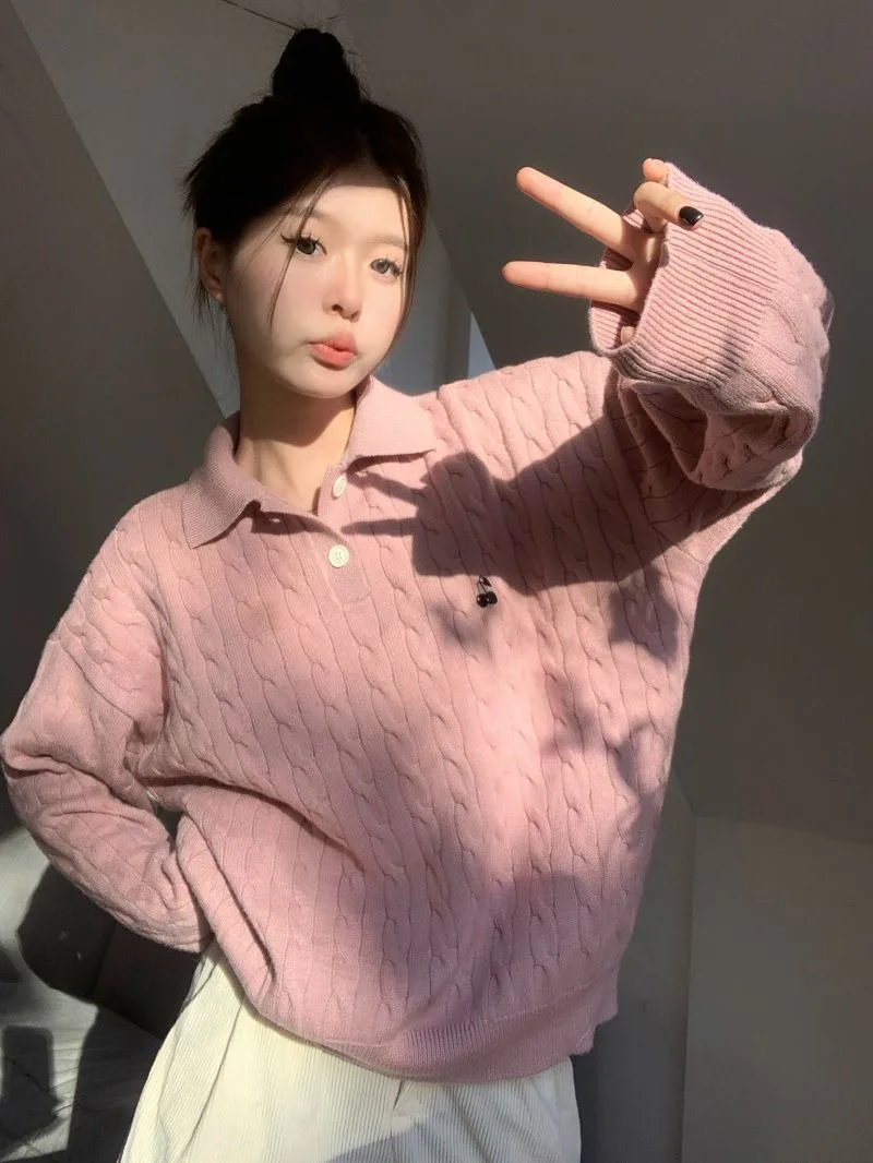 Korean Sweet Women Lapel POLO Collar Sweaters College Style Chic Cherry Loose Pullover Sky Blue Long Sleeve Tops Autumn Winter