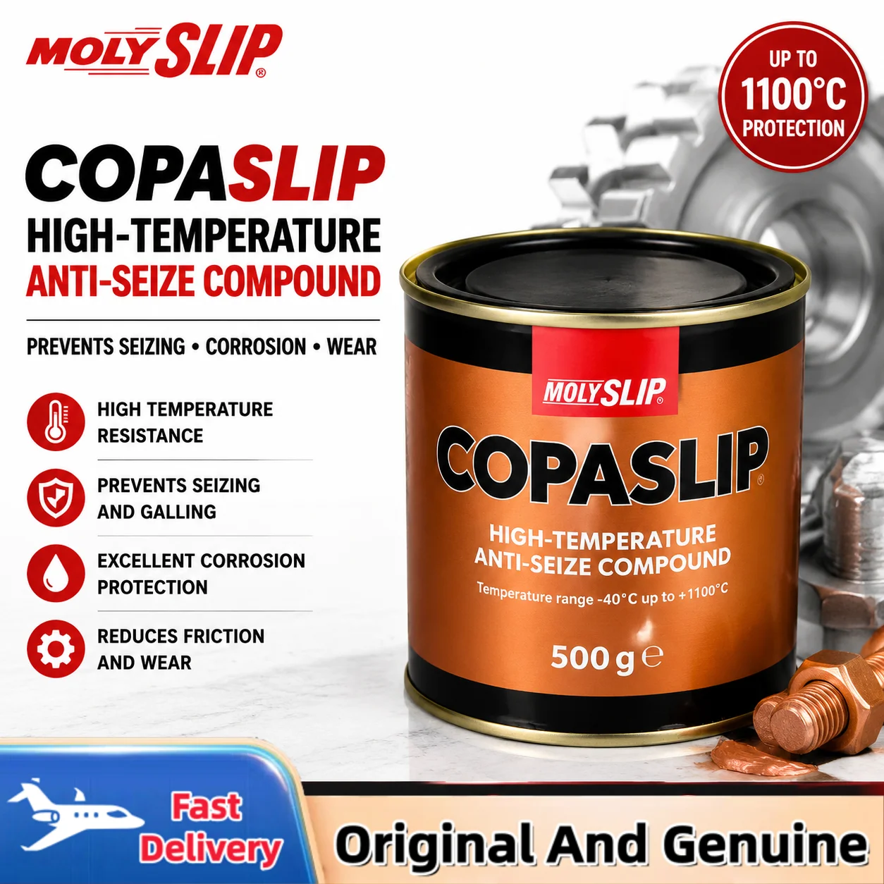 MOLYSLIP COPASLIP High Temperature Copper Grease 500g Anti-Seize Hi-Temp Assembly Compound for Industrial Use