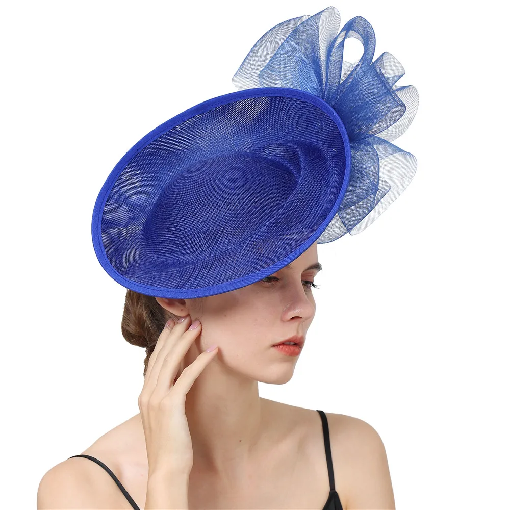 Sombreros de cóctel fascinador azul real de lujo con malla Floral para eventos, accesorios para el cabello, sombreros de boda Derby