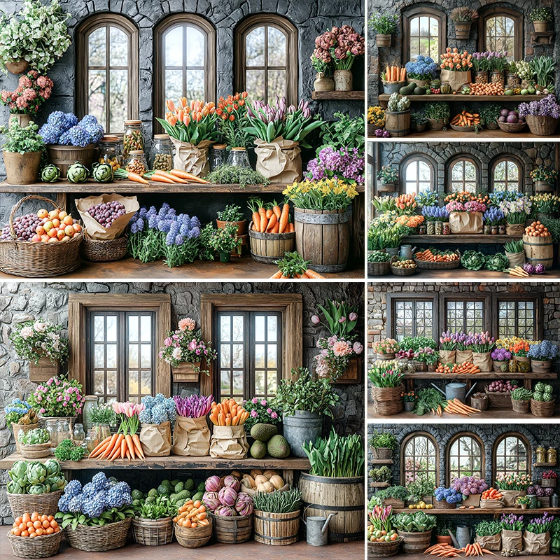 

LS Flower Brick Wall Backdrops Kids Adult Photography Child Baby Photocall Spring Arched Windows Store Market Backgrounds