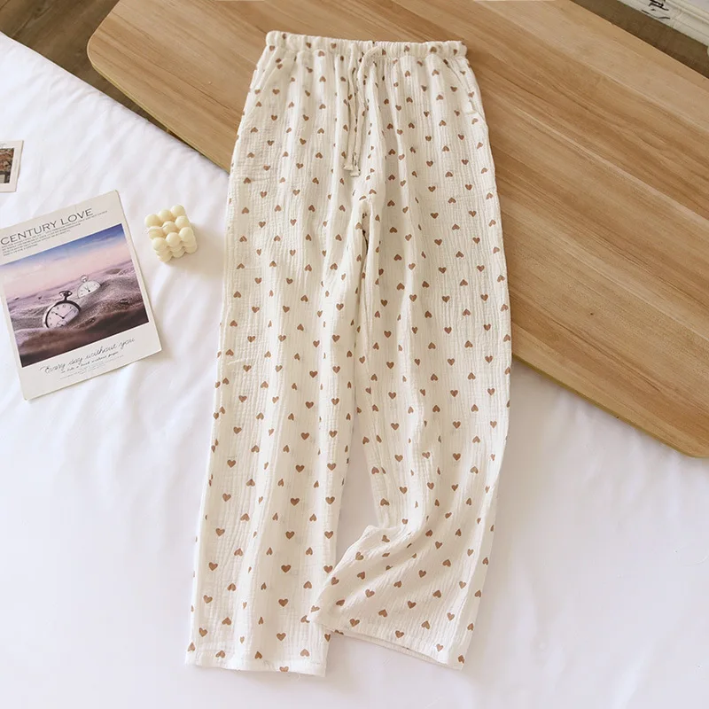 Pantalones de pijama de crepé de algodón para mujer, pantalones de dormir de cintura elástica, ajuste holgado, transpirables y cómodos, ropa de