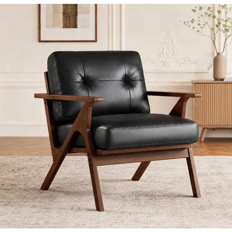 Upholstered Luxury Modern Black Faux Leather Accent Chair with Tufted High Back Ergonomic Comfortable Single Sofa Armchair for