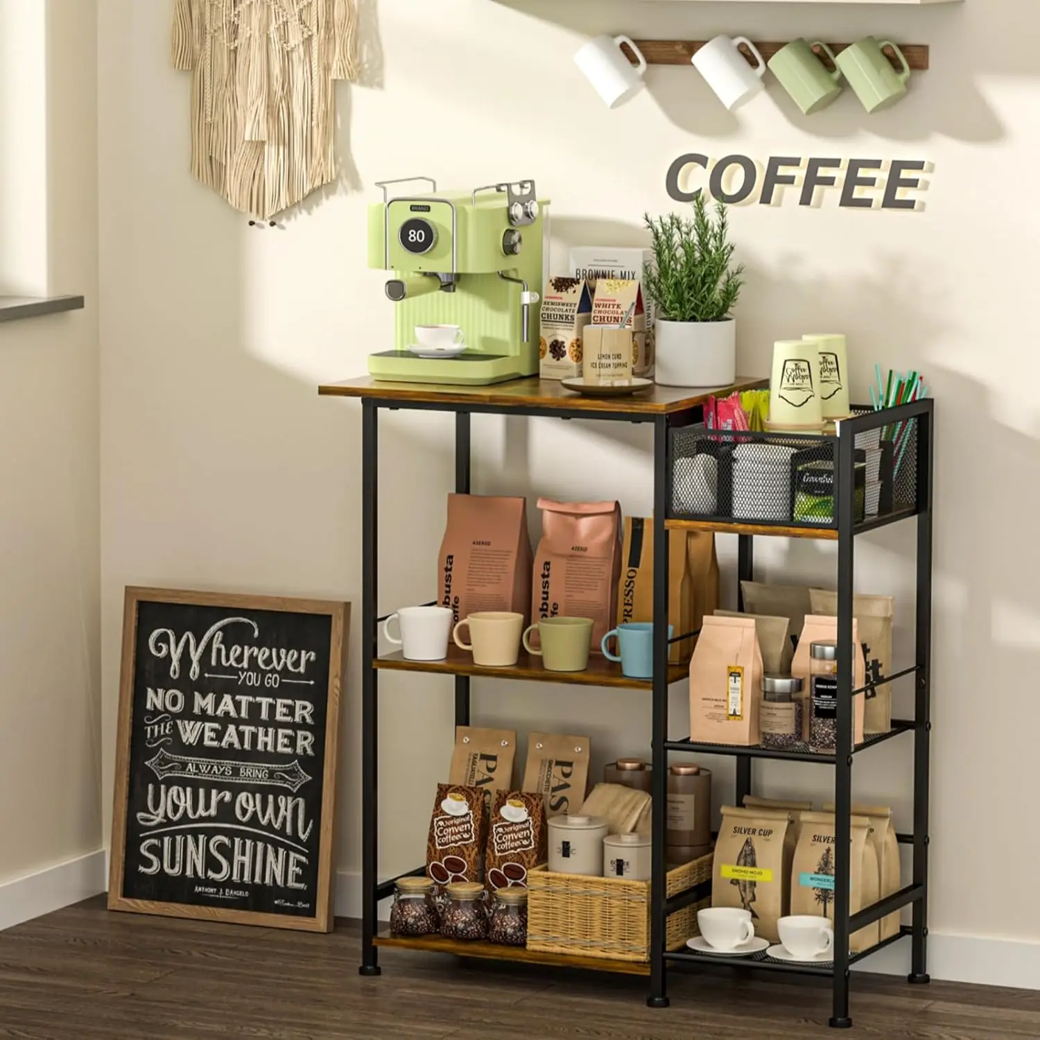 Coffee Station Cabinet , Farmhouse Coffee Stand, 3 Tier Coffee Table for Living Room/Entryway/Kitchen