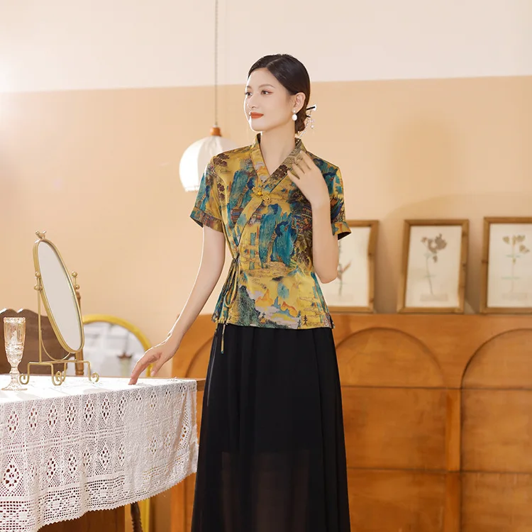 New Summer and Autumn Women's Short Improved Satin Cheongsam Dress National Clothing Costume Suit