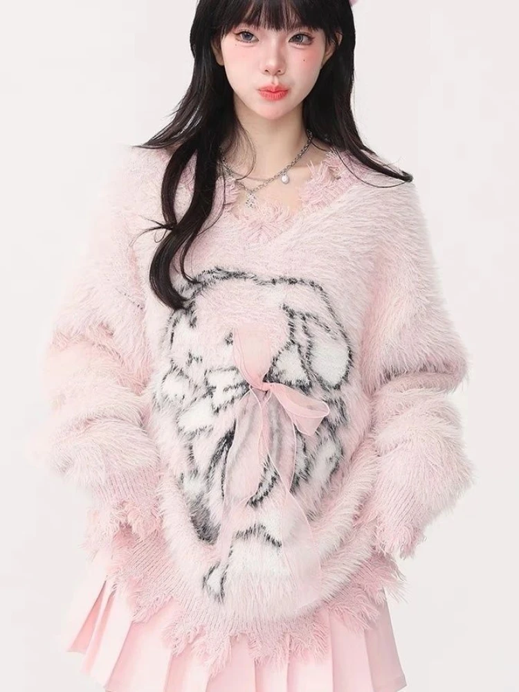 QWEEK Y2k Coquette Kawaii Cute Sweater Sweet Gitls Student School Rabbit Print Cartoon Grunge American Vintage Pullovers 2024