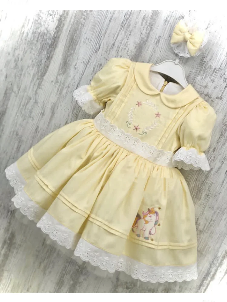 

0-12Y Baby Girl Summer Unicorn Embroidery Turkish Vintage Princess Yellow Dress for Birthday Holiday Easter Photography Eid