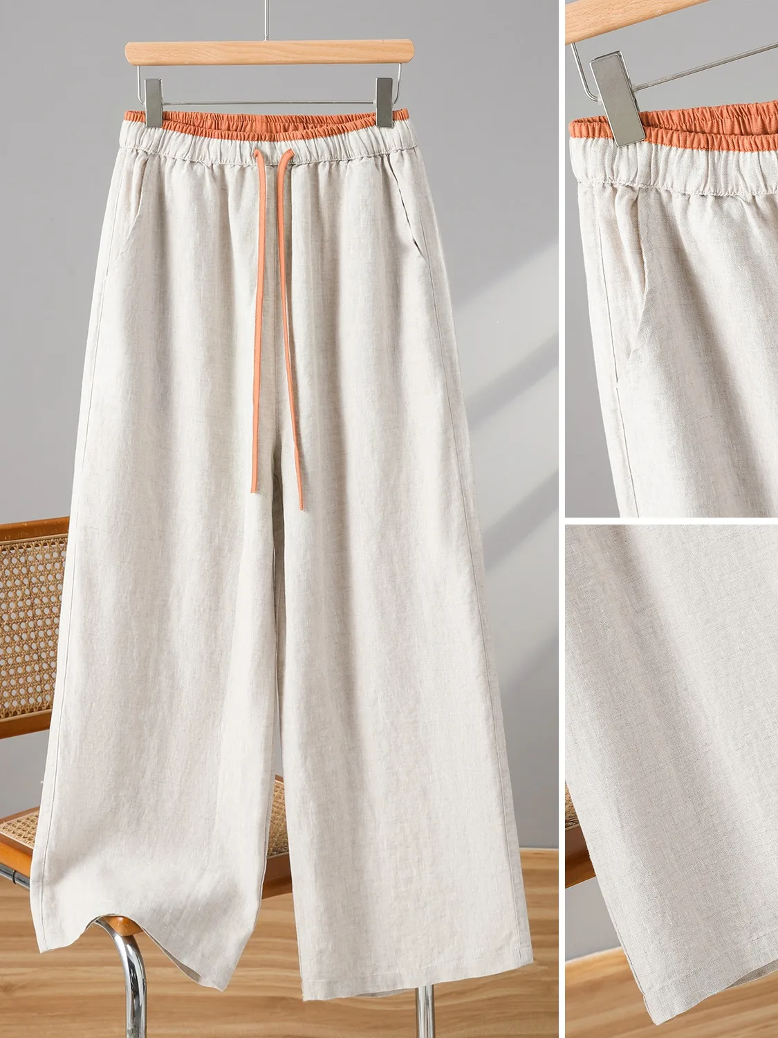 Damskie spodnie z wysokim stanem i szerokimi nogawkami, letnie, zwiewne, z elastyczną talią, z bawełny i lnu, luźne, wyszczuplające, długie spodnie o prostym kroju.