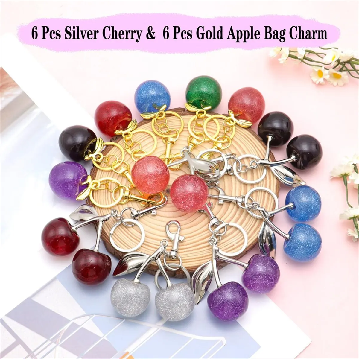 【BIG-SALE】Cherry Bag Charm Set 12 Pcs Cute Cherry Keychain Cherries Purse Charms for Women Gold Red Black Key Chain Accessories