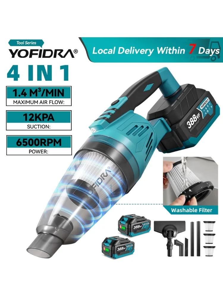YOFIDRA 4IN1 Elektrischer Staubsauger 12Kpa 1500W Kabelloser Staubsauger Haus Auto Garten Reinigung Elektrowerkzeuge für Makita Akku Pin