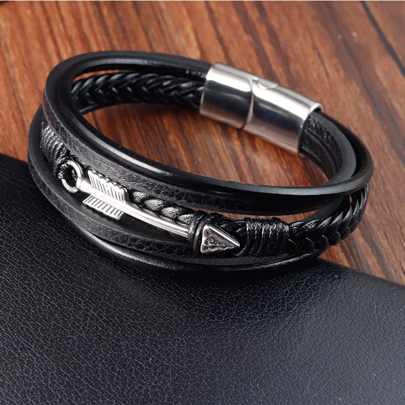 Charm Italian Stainless Steel Jewelry Genuine Leather Bracelet Hip-hop Arrows Multi-layer Woven Bracelet