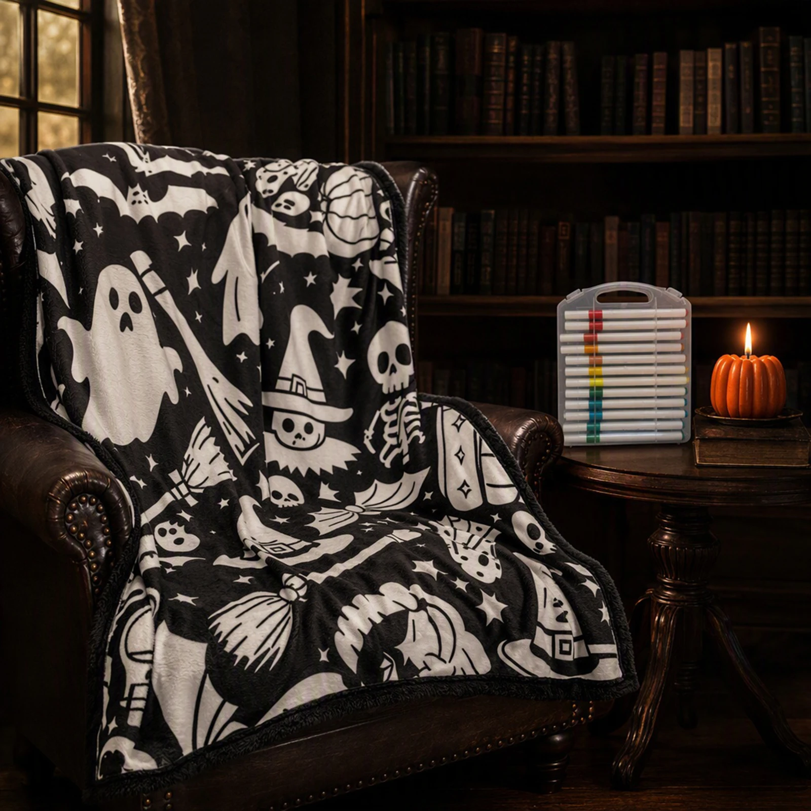 Creative Art Fabric Blanket with 24Pcs Colored Pens Halloween Themed Blanket 50x60 Inch for Bedroom Study Classroom Living Room