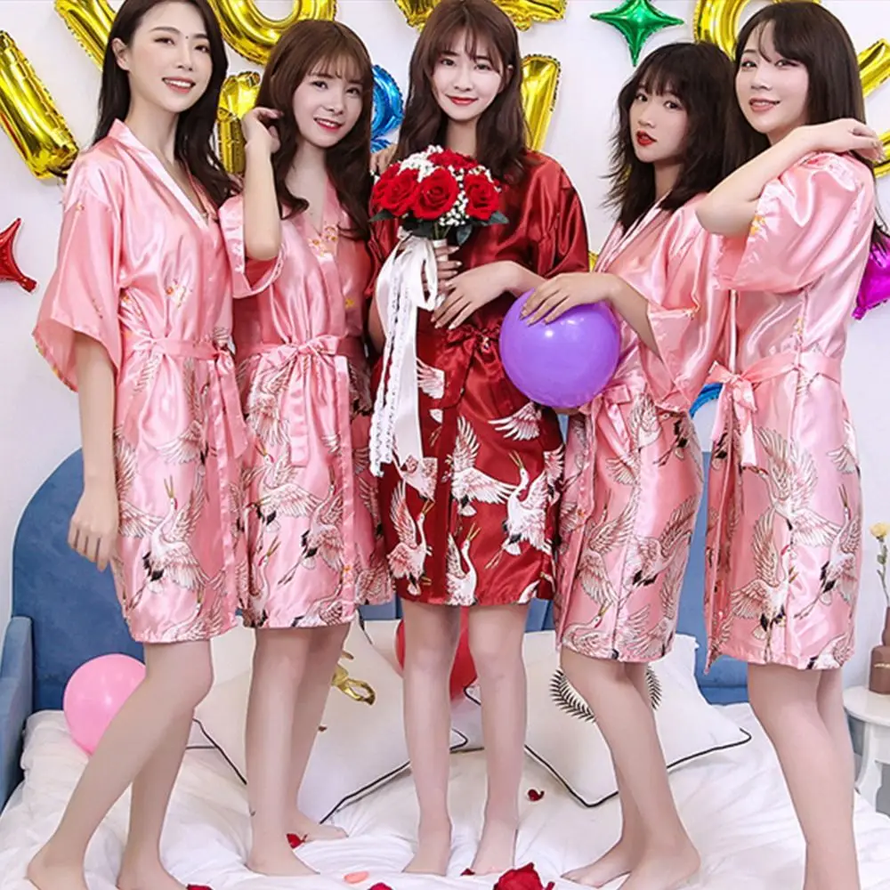 

Fashion Sleep-shirts Crane Print Chinese Style Bridesmaid Robes Bride Bathrobe Women Nightgown Sleep Tops
