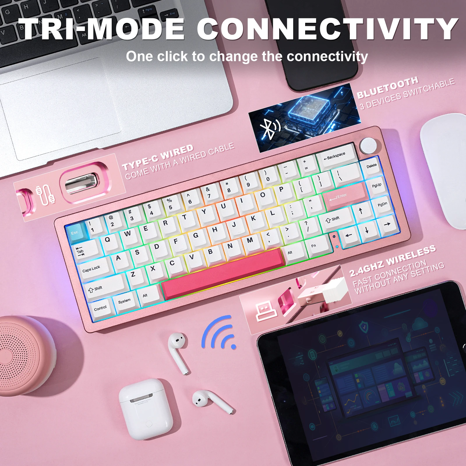 Imagem -02 - Teclado Mecânico sem Fio Rosa Gaming Botão de Alumínio Cnc Bluetooth 2.4g Wired Hot Swap Gasket Montado Rgb 66 Chaves Yunzii-al66